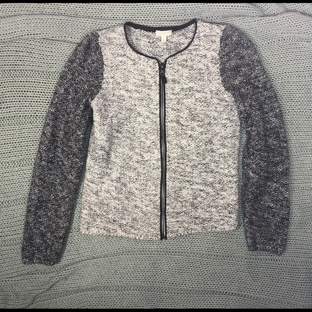 TALBOTS Size Small Petite Women’s ZIP-SWEATER Jacket, Charcoal & Ivory Shimmer